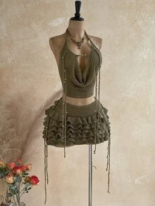 Soleia Women's Plus Size Olive Green Knit Vacation Set - Army Green - View 8