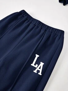 SHEIN 青少年女孩休閒「LA」字母印花針織純色寬鬆落肩長袖衛衣與百褶寬腿運動褲套裝，女孩秋季服飾，女孩秋季穿搭，女孩冬季服飾 - 藍色 - 查看 6