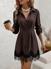 Lavishia 女款秋冬時尚百搭通勤花卉印花襯衫洋裝 - 棕色 - 查看 3