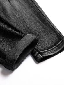 SHEIN Kids 2Pcs/Set Young Boy Distressed Vintage Basic Frayed Blue Denim Long-Sleeved Jacket And Cargo Jeans, Fall/Winter , For Young Boys Back To School - Black - View 6