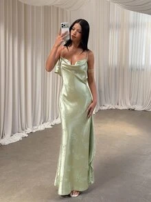 Aloruh 女款緞面提花露背荷葉邊垂領洋裝，鼠尾草綠夏季浪漫優雅婚禮晚宴禮服 - 綠色 - 查看 7