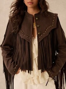 Easelle Chaqueta estructurada holgada para mujer con remaches y flecos, estilo bohemio nómada vintage - Marrón - Ver 6