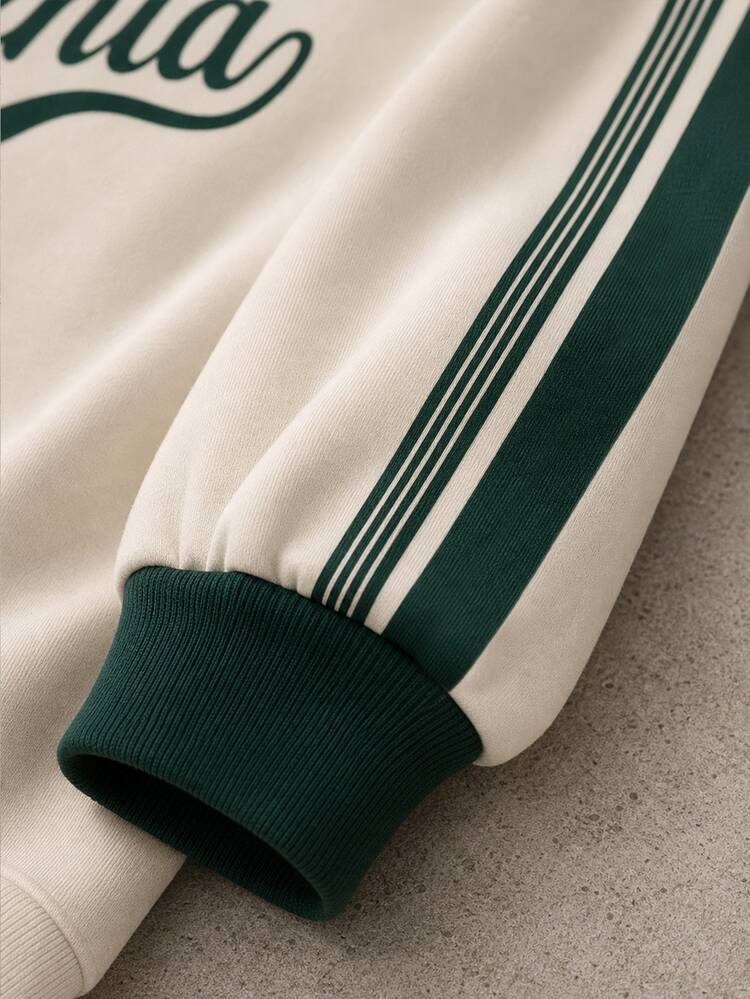 Boys' (Big) Crew Neck Sweatshirt, White Base With Dark Green Ribbed Collar, Cuffs And Hem. Green And White Striped Tape On Sleeves, Multiple Vintage English Print Graphics On Body, Large Handwritten Letters As Main Visual, Casual Style - Multicolor - View 3
