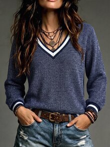 Balvessa Women's Striped Trim V Neck Sweatshirt, Ribbed Knit Long Sleeve Loose Casual Pullover Top - Navy Blue - View 3
