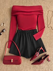 Grovea Red Cold Shoulder Long Sleeve Top With Black Belt Skorts Set Night Autumn Elegant Sexy Fall Brunch Morning - Multicolor - View 2