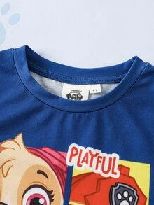 SHEIN | PAW Patrol 小男孩字母卡通印花休閒日常短袖T恤 - 藍色 - 查看 4