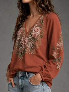 SHEIN Holidaya Autumn Elegant Vacation Long Sleeve Floral Print Women's Blouse, Suitable For Party, Gathering, Shopping, Commuting - Coral Orange - View 3