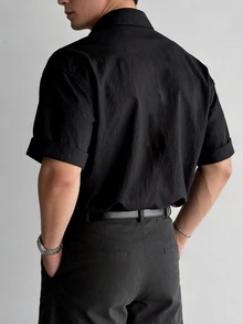 Sport MetroGents 男士短袖單排扣休閒口袋運動襯衫，健身房適用 - 黑色 - 查看 2
