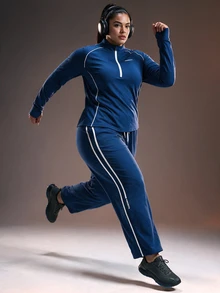 Powerista Women's Plus Size Navy Blue Color Performance Sports Jacket Flexible Zip Stand Collar With White Stripes For Running And Training - Navy Blue - View 6