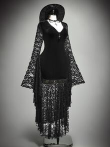 SHEIN ICON Plus Size Women's Autumn/Winter Retro Sexy Elegant Dark Gothic Style Velvet Patchwork Lace Flared Sleeves Ruffled Black Slim Fit Dress - Black - View 4