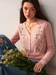 Willow Rêve Women's Dusty Pink V-Neck Cardigan Sweater With Floral Embroidery, Button Front, Drawstring Waist And Long Sleeves, Romantic Cottagecore Autumn Style - Pink - View 7