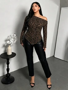 Firerie Vintage Leopard Print Asymmetrical Hem And Shoulder Pleat Design, Suitable For Autumn/Winter Wear, Plus Size Autumn T-Shirt - Multicolor - View 6