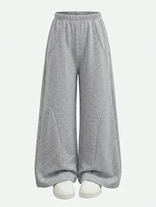 SHEIN Celana Sweatpants Rajut Abu-abu Muda Longgar Kasual Serbaguna dengan Tali Serut dan Kantong, Potongan Lebar untuk Remaja Perempuan - Grey - View 3