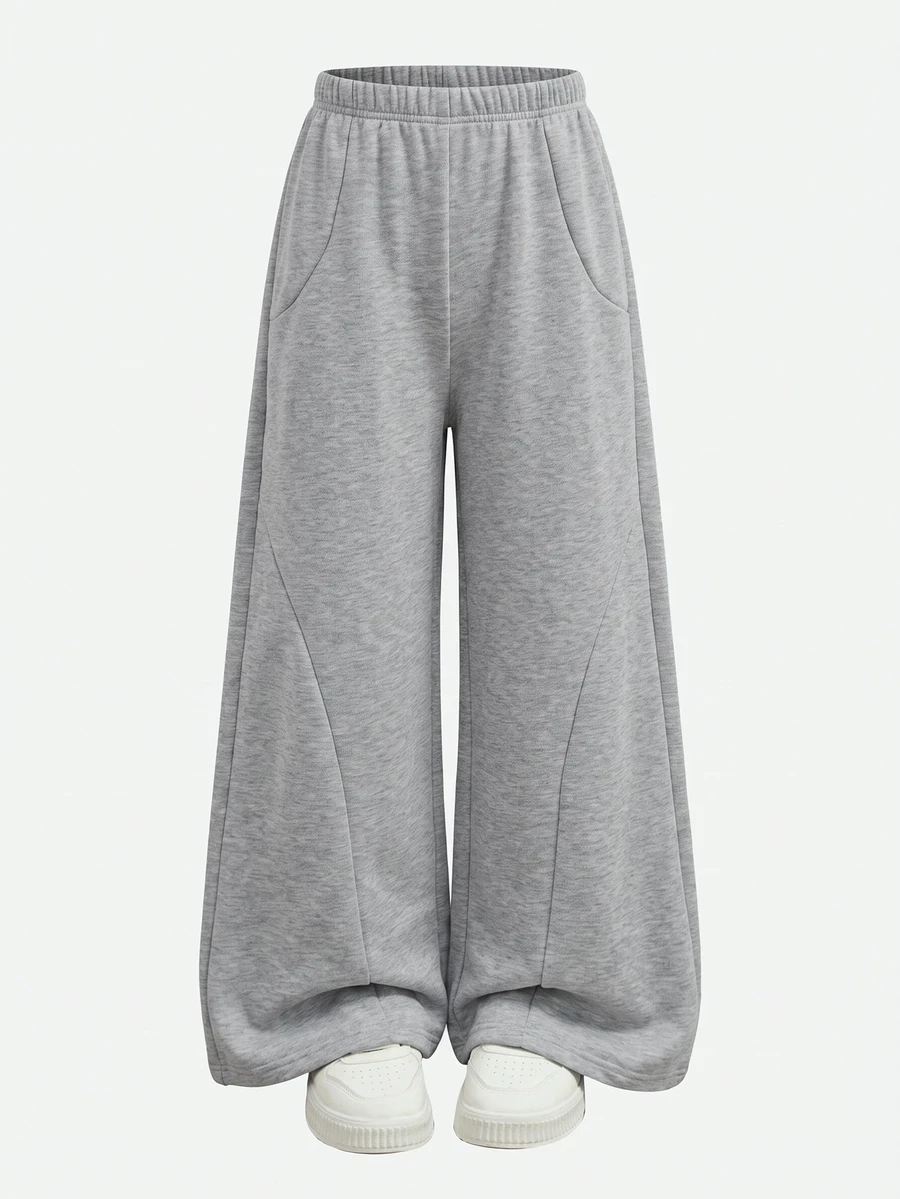 SHEIN Tween Girl Knit Light Gray Loose Casual Versatile Drawstring Pocket Wide Leg Sweatpants - Grey - View 1