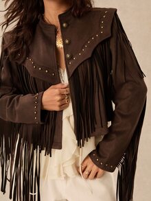 Easelle Chaqueta estructurada holgada para mujer con remaches y flecos, estilo bohemio nómada vintage - Marrón - Ver 5