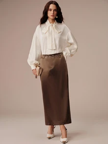BELROSIE New European And American Style Autumn/Winter Fashion Versatile Solid Color Satin Loose Collar Tie Elegant Commute Long Sleeve Blouse - Apricot - View 7
