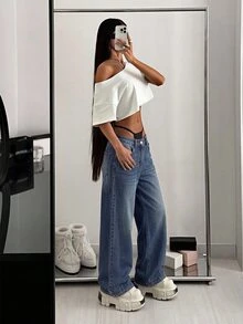 SHEIN Celana Jeans Denim Retro Model Lebar dengan Pinggang Tinggi, Desain Banyak Saku, Potongan Longgar, Cocok untuk Sehari-hari, Serbaguna, Panjang Hingga Lantai - Medium Wash - View 3