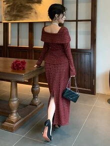 DAZY Women's Solid Color Long Sleeve Top And Skirt Fashion Set Fall - Burgundy - View 3