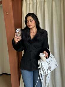 GalTyme Plus Size Women's Fuzzy Patchwork Casual Versatile Daily Long Sleeve Jacket Winter - Black - View 4