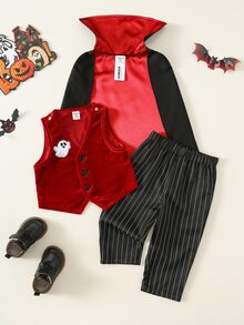 SHEIN 中性嬰兒男/女童 幼兒 3件組可愛吸血鬼套裝 秋冬多件式洋裝套裝 嬰兒服裝 德古拉伯爵服飾 萬聖節 - 酒紅色 - 查看 1