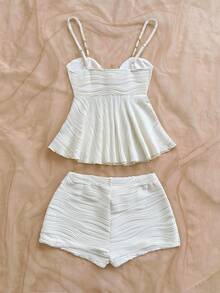 Soleia Plus Size Women Solid Color Ruched Camisole Top And Shorts Casual Daily 2 Pieces Set - White - View 2