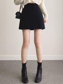 DAZY Women's Solid Color High Waist Fashion Versatile Skirt - Black - View 5