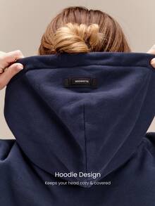GLOWMODE Heavyweight Fleece Oversized Sweatshirt Pocket Thick Thermal Warm Winter Valentine's Day - Navy Blue - View 5