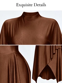 SOLERSUN Women's Summer Autumn Fashion Elegant Sage Green Draped Neck Long Dress With Ruffle Short Sleeves, Cinched Waist And Asymmetrical Ruffle Hem, Suitable For Daily Wear, Dating And Party - Coffee Brown - View 9