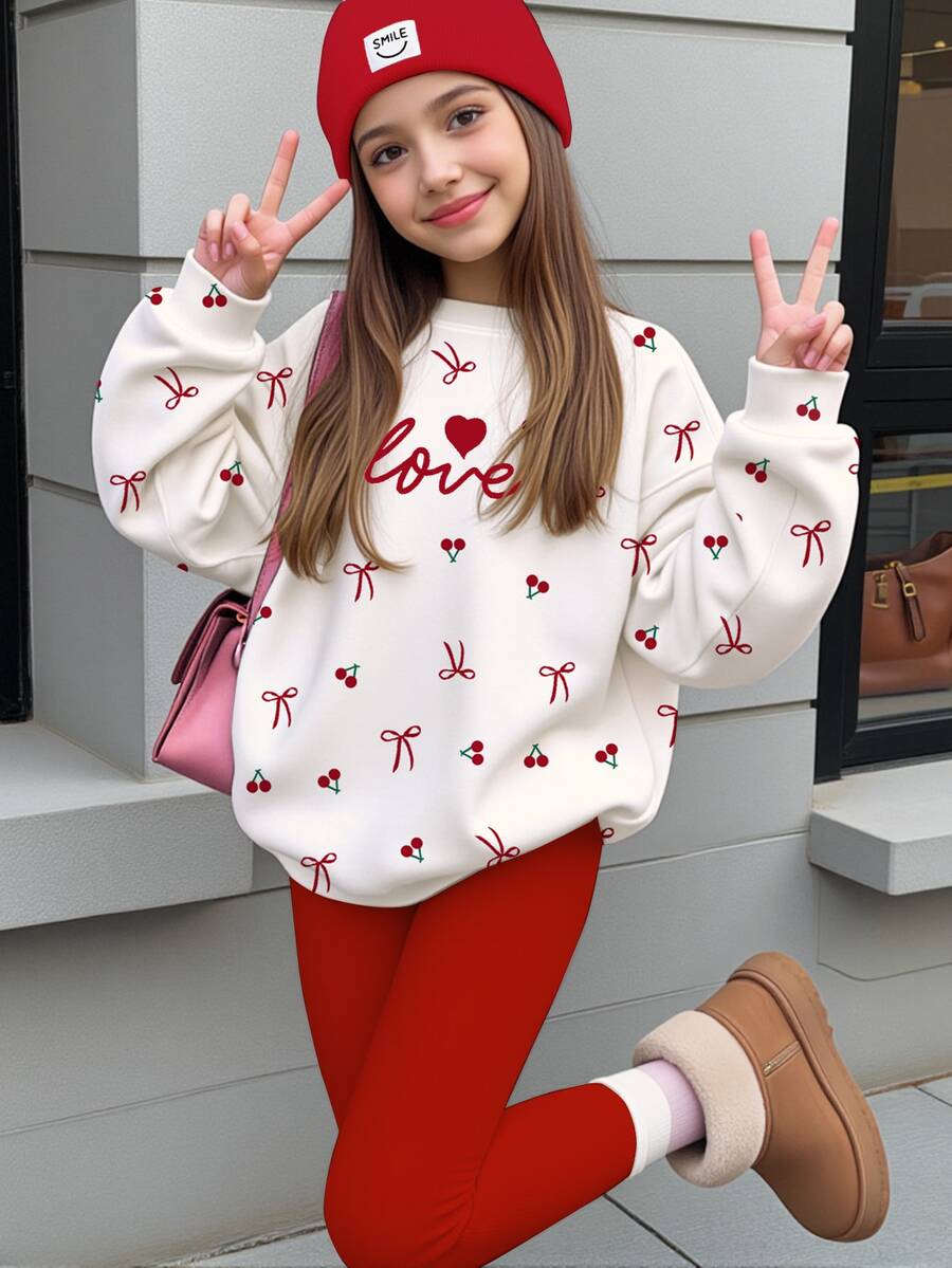 Tween Girl 少女休閒圓領長袖運動衫與內搭褲 2件套,櫻桃圖案,適合秋冬 - 彩色 - 查看 1