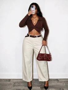 BamGleam Atasan Crop Top Rajut Ribbed Slim Fit Lengan Panjang Berkerah Simpul Silang Warna Cokelat Vintage, Gaya Seksi, Pinggang Tinggi - Coklat - View 4