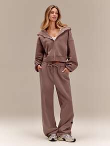 GLOWMODE Everyday Fleece Chilly Days Relaxed Hoodie Jacket With Ribbed Cuffs & Hem Waist-Length Daily Casual Fall Winter Wear - Mocha Brown - View 7