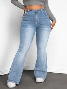 SHEIN PETITE CURVE بنطلون جينز واسع الساق بأزرار وجيوب متعدد الاستخدامات للمقاسات الكبيرة - الأزرق - مشاهدة 1