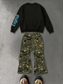 SHEIN 小男孩秋季新款休閒極簡寬鬆舒適圓領衛衣與喇叭褲兩件套，適合秋冬穿著 - 彩色 - 查看 2