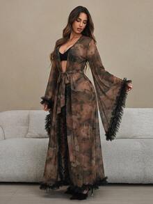 HautHeat Women's Tie-Dye Contrast Mesh Frill Trim Loose Long Nightgown - Coffee Brown - View 6