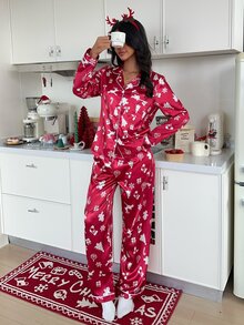 ZzzCrew Women's Faux Silk All-Over Print Deer & Gift Christmas Theme Allover Print Open Front Pajama Set - Red - View 3