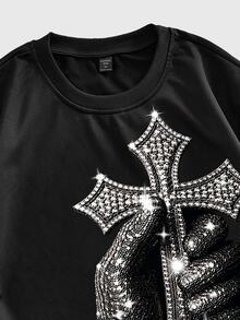 ROMWE MEN Street Life Teen Boy Cross Print Round Neck Short Sleeve Casual T-Shirt - Black - View 4