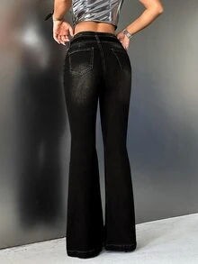 SHEIN ICON Women's Casual Daily Wear Low Waist Flared Denim Jeans - Black - View 2