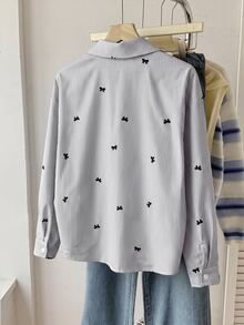 SHEIN Teen Girls Autumn New Blue & White Striped Cherry Pattern Loose Long Sleeve Shirt - Grey - View 2