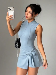 SHEIN Dewbera Women's Solid Color Casual Daily Wear Sports Dress - Blue - View 6