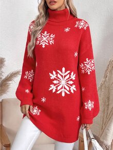 SHEIN Autumn/Winter New High Neck Dropped Shoulder Long Sleeve Ribbed Cuff Contrast Color Snowflake Pattern Jacquard Long Length Fashion Casual Holiday Vacation Long Sweater For Women - Multicolor - View 5