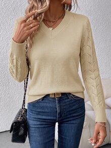 SHEIN Clasi 女款V領長袖針織衫，秋冬長袖上衣 - 卡其色 - 查看 7