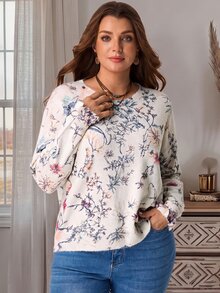Rosumi Plus Size Women's Floral Pattern Round Neck Long Sleeve Casual Pullover Sweater - Apricot - View 3
