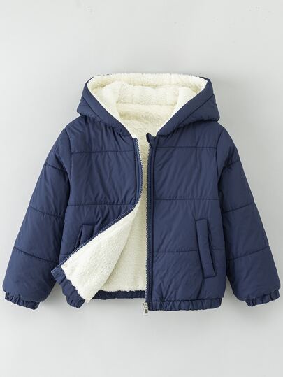 SHEIN Genkimix Kids Boys (Small) Winter New Royal Blue Zipper Hooded Thermal Lined Thickened Real Pocket Casual Versatile Classic Padded Coat Outerwear