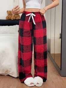 Napfluff Autumn/Winter New European & American Style Patterned Loose Casual Thermal Lined Thick Pajama Pants For Women - Red - View 1