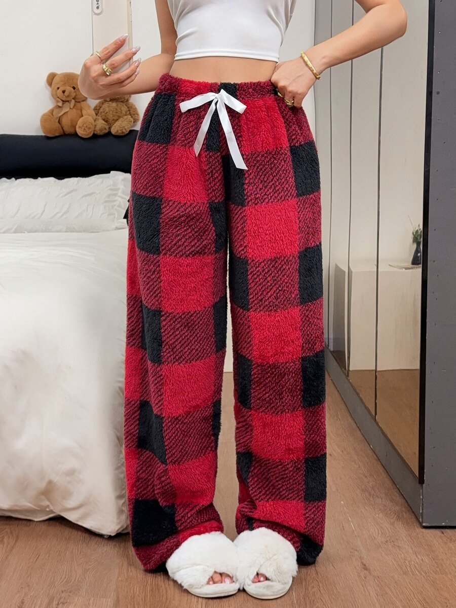 Napfluff Autumn/Winter New European & American Style Patterned Loose Casual Thermal Lined Thick Pajama Pants For Women - Red - View 1