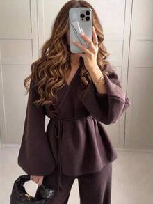 Aloruh Women's Solid Color Dropped Shoulder Long Sleeve Casual Knit Cardigan,New Fall Styles - Brown - View 5