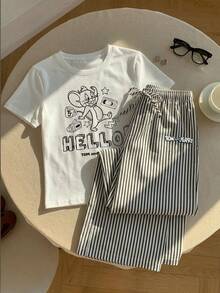 TOM & JERRY X SHEIN SHEIN EZwear 大尺碼女款卡通印花短袖T恤與條紋長褲套裝，適合外出、街頭穿搭、機場造型 - 彩色 - 查看 5