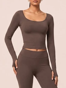 SHEIN BAE Setelan Atasan Lengan Panjang Tanpa Jahitan Wanita dan Legging Pinggang Tinggi untuk Olahraga, Lari, Yoga, Atletik, dan Santai, Warna Cokelat Tua, Cocok untuk Musim Gugur. - Coffee Brown - View 4