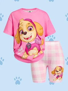 SHEIN | PAW Patrol Young Girl Cute Cartoon Print Short Sleeve T-Shirt And Shorts Comfortable 2 Pieces Set - Multicolor - View 3
