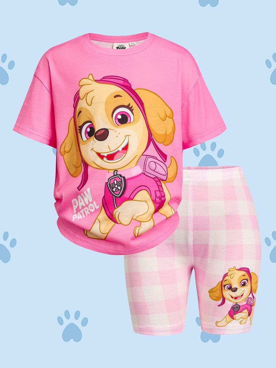 SHEIN | PAW Patrol 女童可愛卡通印花短袖T恤與短褲舒適兩件套 - 彩色 - 查看 1